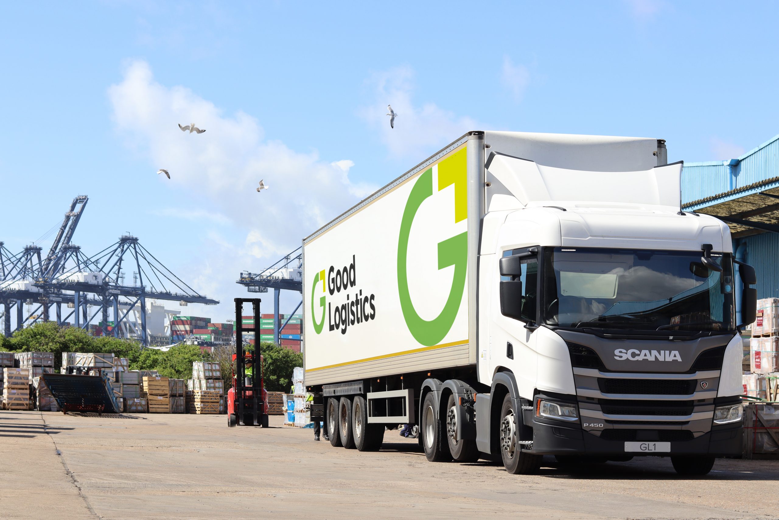 The new Good Logistics logo shown on a delivery vehicle at the company's warehouse and distribution facility at the port of felixstowe 2 Integrated Services